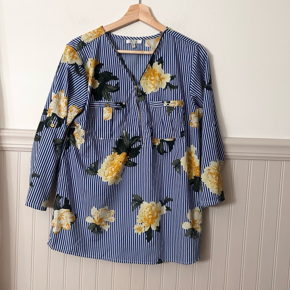 Large Petetie Floral Blue and Yellow Striped Women's Blouse - Picture 1 of 9